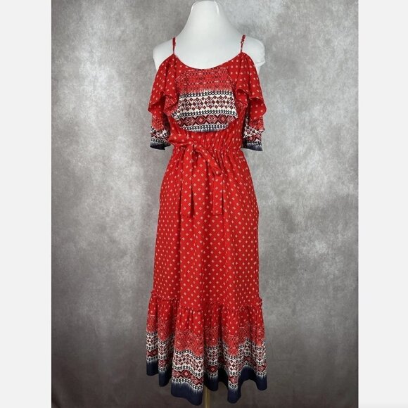 Misa Los Angeles Larsen Cold-Shoulder Bohemian Printed Midi Dress In Red Size S - Picture 3 of 11